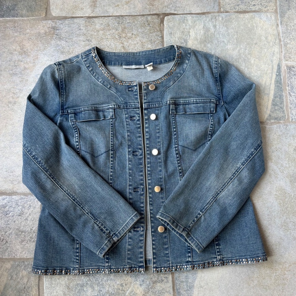Vintage Y2K Chico's Platinum Denim Rhinestone Embellished Jean Jacket Size 1